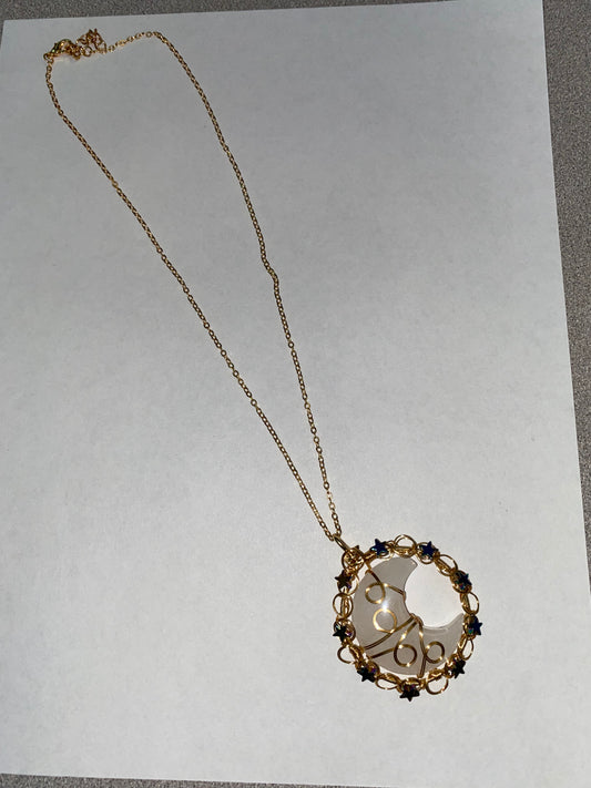 Rock Quartz crescent gold wire pendant necklace. NWT